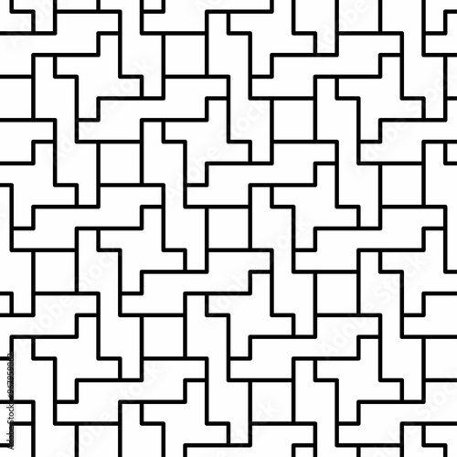 Seamless abstract geometric pattern with black lines interlocking and forming a maze on a white background. Suitable for various creative projects or decorative elements.