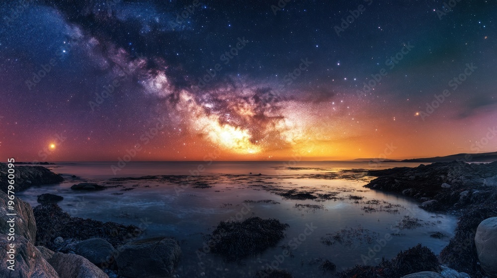 Fototapeta premium A stunning night sky over a tranquil ocean, showcasing the Milky Way and vibrant sunset colors.