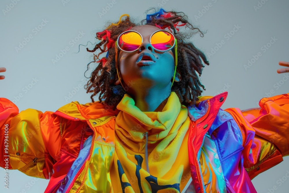 A unique individual showcases their bold style in a colorful outfit, radiating confidence A unique individual showcases their bold style in a colorful outfit, radiating confidence