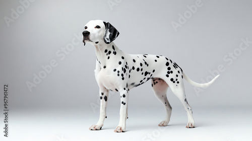 A majestic Dalmatian dog stands confidently with a sleek coat featuring distinct black spots against a minimalist background.