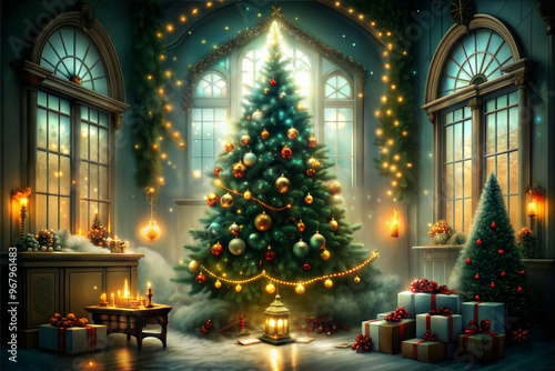 Festive Christmas interior with decorated tree, gifts, and warm lights in cozy atmosphere