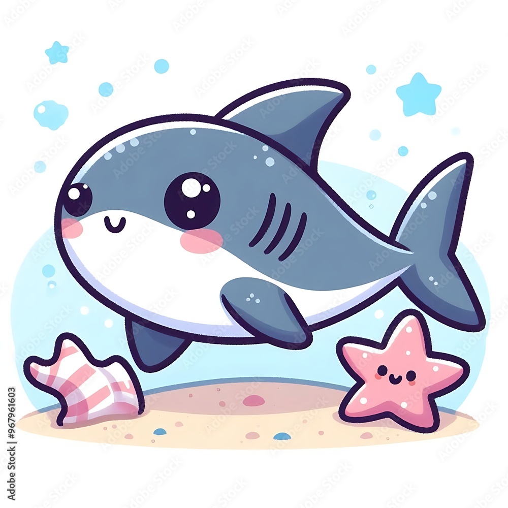 Cute shark, flat cartoon style illustration, white background Cute shark, flat cartoon style illustration, white background
