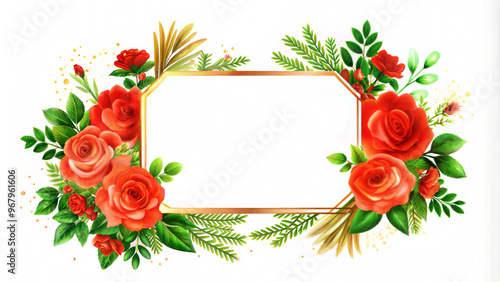 Beautiful floral frame design with red roses and green leaves on empty background