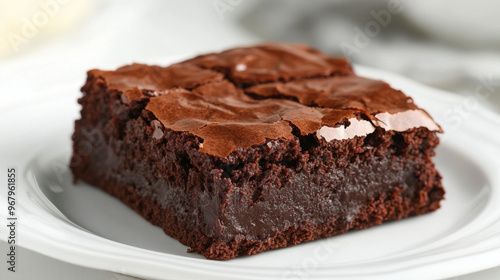 A delicious chocolate brownie sits on a white plate, ready to be enjoyed.