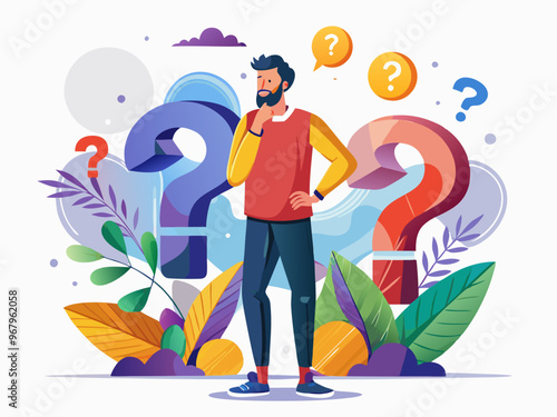 Confused Man Surrounded by Colorful Question Marks on a White Background Vector Art