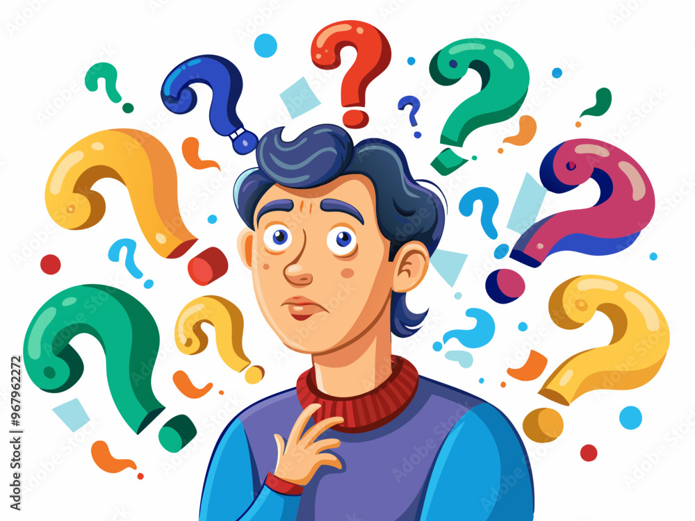 Confused Man Surrounded by Colorful Question Marks on a White Background Vector Art Confused Man Surrounded by Colorful Question Marks on a White Background Vector Art