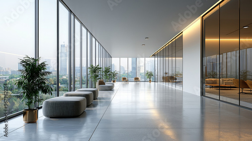 A modern office hallway with large windows and city views.