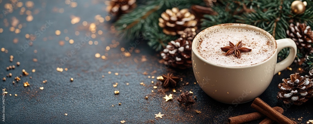 Christmas decorations and cup of delicious hot sweet cocoa with cinnamon on black background with copy space. Cozy Scandinavian hygge style. Flat lay, top view Christmas decorations and cup of delicious hot sweet cocoa with cinnamon on black background with copy space. Cozy Scandinavian hygge style. Flat lay, top view