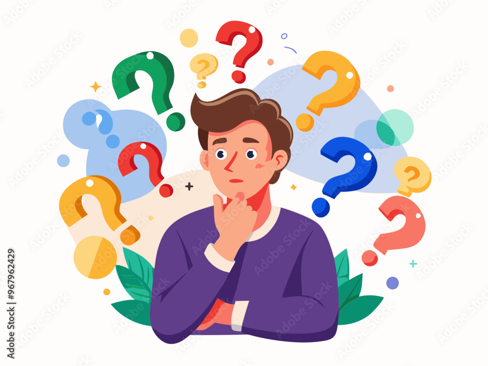 Confused Man Surrounded by Colorful Question Marks on a White Background Vector Art Confused Man Surrounded by Colorful Question Marks on a White Background Vector Art
