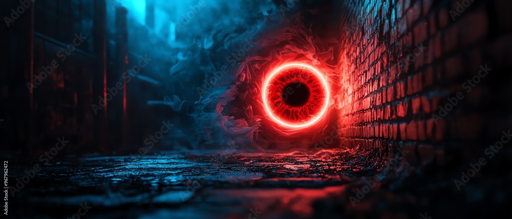 A mysterious glowing red circle surrounded by mist in a dark alley, creating an eerie and surreal atmosphere. A mysterious glowing red circle surrounded by mist in a dark alley, creating an eerie and surreal atmosphere.
