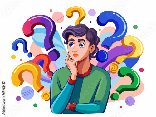 Confused Man Surrounded by Colorful Question Marks on a White Background Vector Art