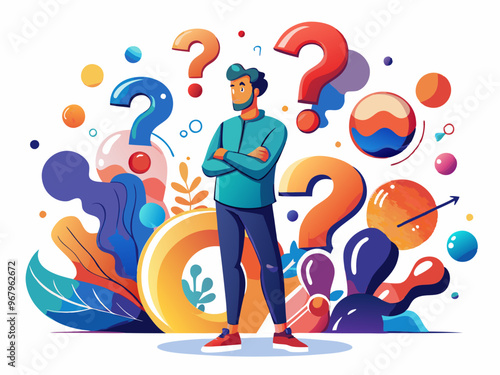 Confused Man Surrounded by Colorful Question Marks on a White Background Vector Art