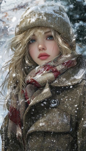 Stylish Winter Look with Cozy Coat, Scarf, and Hat Set in Snowy Landscape for Holiday Cards photo