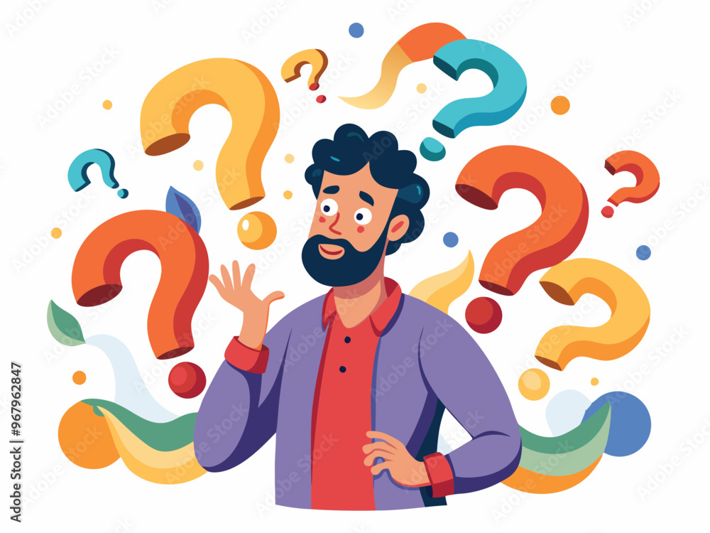 Confused Man Surrounded by Colorful Question Marks on a White Background Vector Art Confused Man Surrounded by Colorful Question Marks on a White Background Vector Art