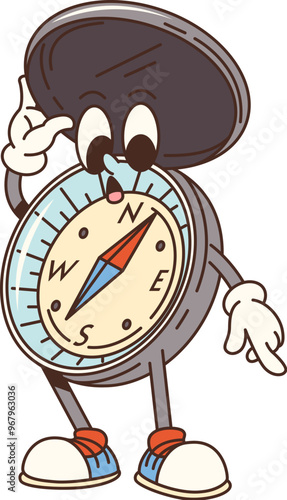 Cartoon groovy travel compass character. Retro camp and tourism personage. Isolated vector anthropomorphic navigational tourist tool with open lid and surprised expression, wearing sporty sneakers
