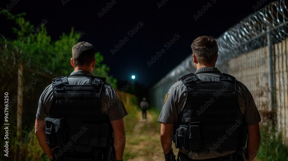 Guards patrolling the perimeter of a high-security prison at night, Jail security, night surveillance Guards patrolling the perimeter of a high-security prison at night, Jail security, night surveillance