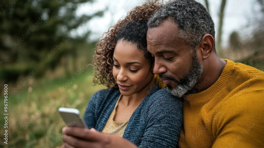 A wife glancing over her husband's shoulder, peering at his phone. A wife glancing over her husband's shoulder, peering at his phone.