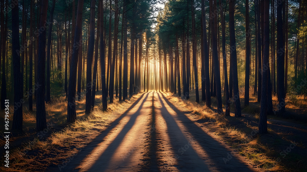 Obraz premium Golden Hour in the Woods: A Peaceful Stroll