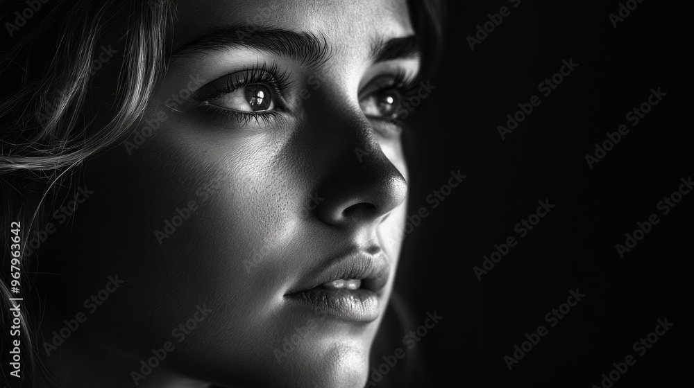 A close-up black-and-white portrait of a young woman, highlighting her expressive features. A close-up black-and-white portrait of a young woman, highlighting her expressive features.