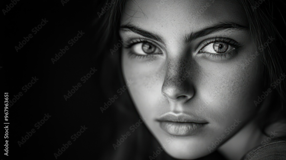 A close-up portrait of a young woman with striking features in black and white. A close-up portrait of a young woman with striking features in black and white.