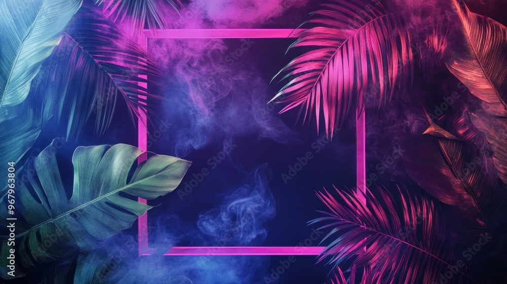 Fototapeta premium Tropical Leaves Illuminated by Neon Light with Smoke