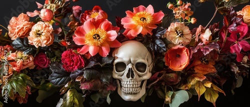 Explore the symbolism of skulls and flowers in Halloween arrangements as metaphors for lifes impermanence photo