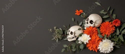 How does the use of skulls in Halloween floral designs reference ancient death rituals