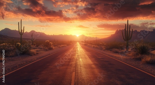 Fototapeta Naklejka Na Ścianę i Meble -  Asphalt highway road in the desert at sunset with a cloudy sky. Beautiful rural landscape. 