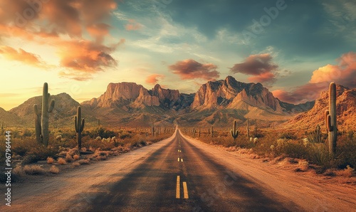 Asphalt highway road in the desert at sunset with a cloudy sky. Beautiful rural landscape. 