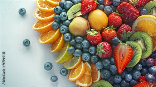 Vibrant fruit arrangement with strawberries, oranges, and kiwi for a colorful and fresh summer display
