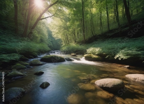 A tranquil stream gently flowing through a lush green forest, creating a peaceful atmosphere