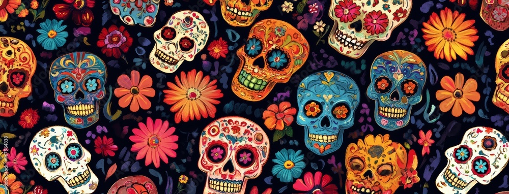 Naklejka premium Dia de los muertos festival wallpaper pattern with sugar skull (calavera) and colorful flowers on dark, black background. Cultural, traditional, floral wallpaper concept.