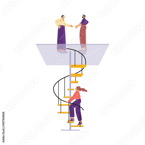 Vector illustration professional inequality between successful men and a woman who climbs the career ladder