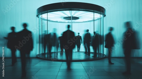 A revolving door with silhouettes of people constantly entering and exiting, employee turnover in a fast-paced corporate environment