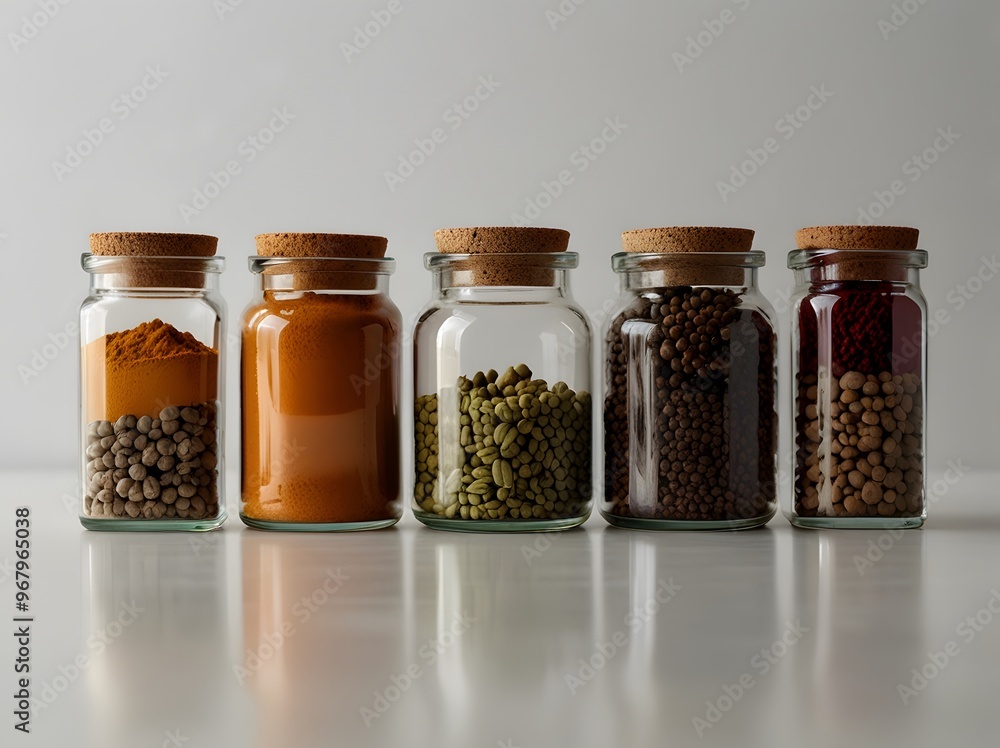 Glass Jars With Spices And Grains On White Table Glass Jars With Spices And Grains On White Table