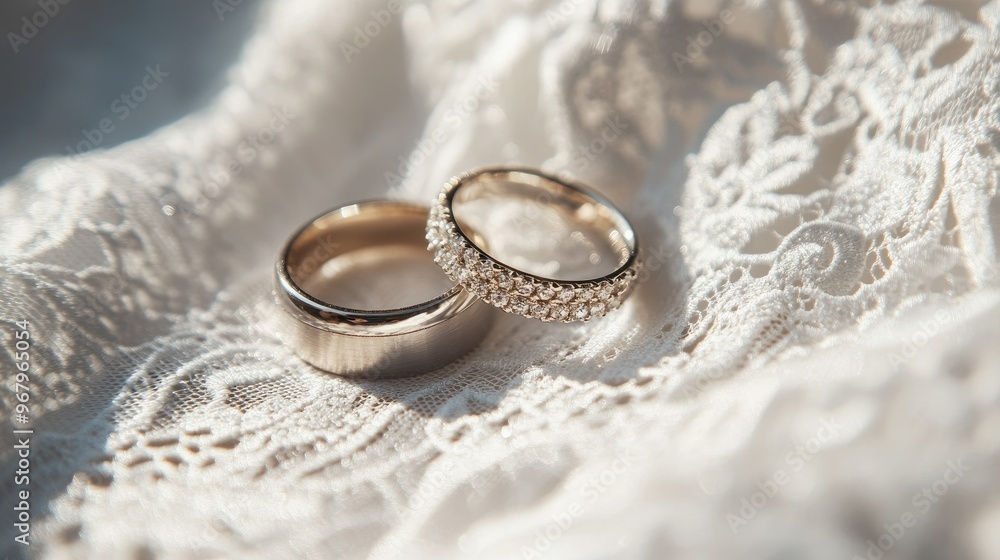 Elegant wedding bands sitting in the sunlight on a bed of white lace, casting soft shadows for a romantic bridal feel Elegant wedding bands sitting in the sunlight on a bed of white lace, casting soft shadows for a romantic bridal feel