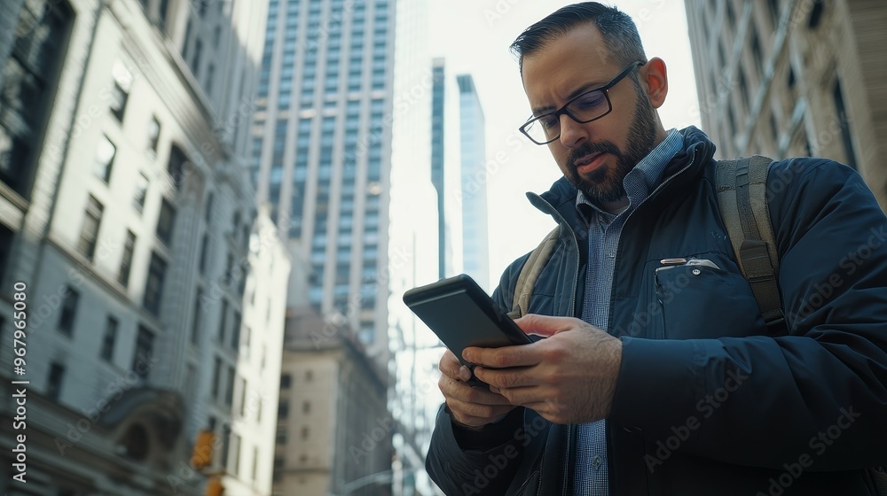 A man using a smartphone in an urban setting, surrounded by tall buildings. A man using a smartphone in an urban setting, surrounded by tall buildings.