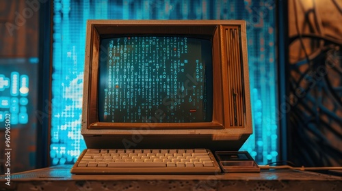 Vintage Computer with Digital Code on Screen