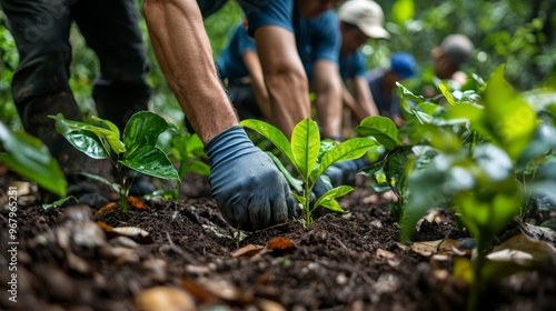 Team engaged in tree planting within a lush forest, promoting ecosystem restoration, perfect for reforestation initiatives and environmental awareness campaigns