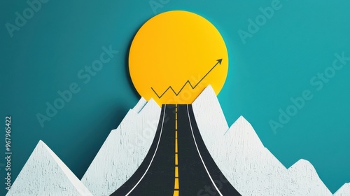 A road leading upwards through a landscape made of graphs and percentages, with the road widening as it reaches the top, expanding profit margins