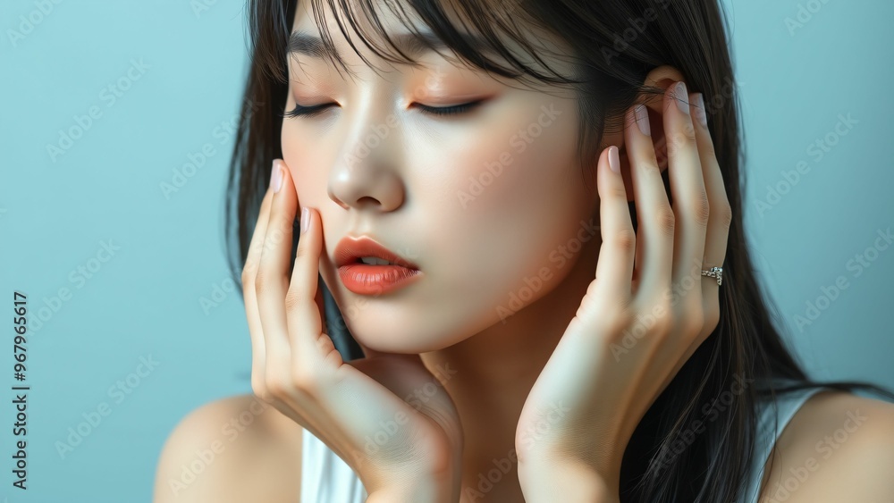 Fototapeta premium 20代日本人女性 手を顔に添える ブルーバック素材