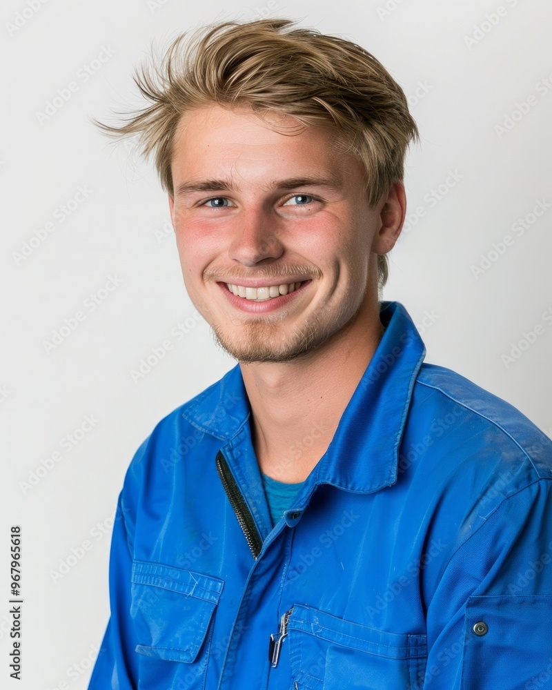 Young worker or plumber in blue overalls expresses different emotions Young worker or plumber in blue overalls expresses different emotions