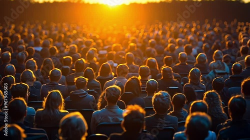 A vast crowd is captivated by a speaker at an event, illuminated by the warm glow of the setting sun. The ambiance enhances the atmosphere of anticipation and focus.