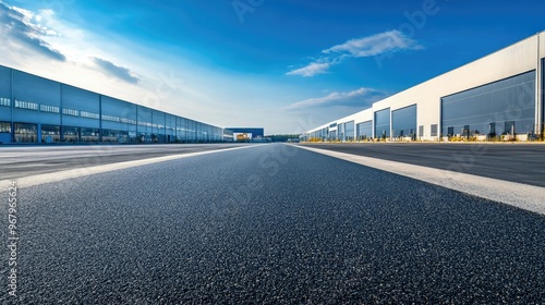 Empty asphalt road leading to a row of large industrial buildings under a clear blue sky, capturing the industrial landscape