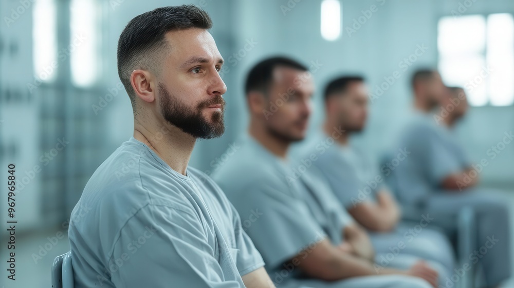 Inmates participating in group therapy, sharing personal stories, Prison rehabilitation, mental health support Inmates participating in group therapy, sharing personal stories, Prison rehabilitation, mental health support