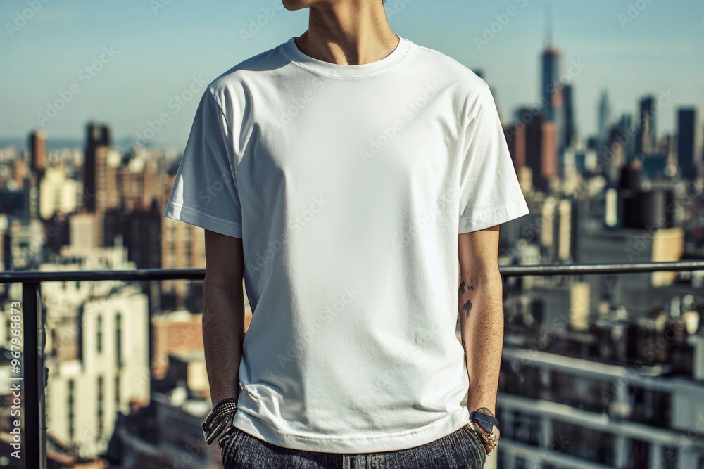 T-shirt worn by a model in an urban street wear style created with Generative AI T-shirt worn by a model in an urban street wear style created with Generative AI