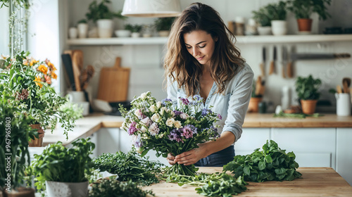 Smiling woman arranging flowers in cozy kitchen