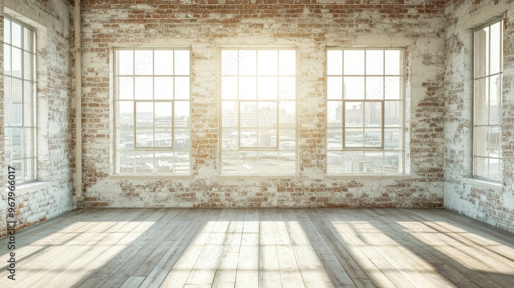 Empty loft-style room with wide parquet floors, whitewashed brick walls, and large industrial windows letting in soft daylight, highlighting the empty space Empty loft-style room with wide parquet floors, whitewashed brick walls, and large industrial windows letting in soft daylight, highlighting the empty space