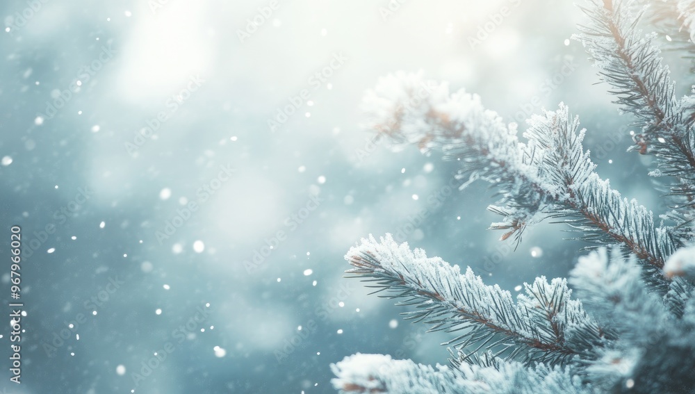 Abstract Winter Background with Snow, Pine Branches, Blurred Landscape, and Bokeh Effect Abstract Winter Background with Snow, Pine Branches, Blurred Landscape, and Bokeh Effect
