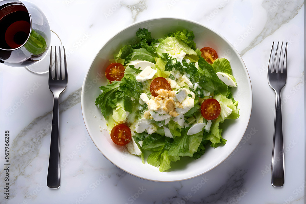 Original Caesar Salad on a white plate top macro view, Generated by Ai Original Caesar Salad on a white plate top macro view, Generated by Ai